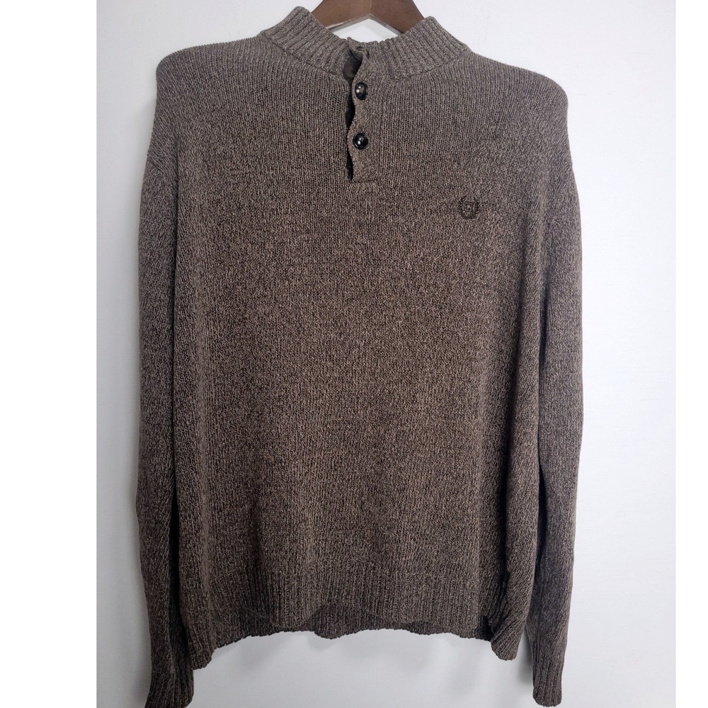 Chaps Mens Brown Marl Cotton Mock Neck Button Sweater Elbow Patches Large
